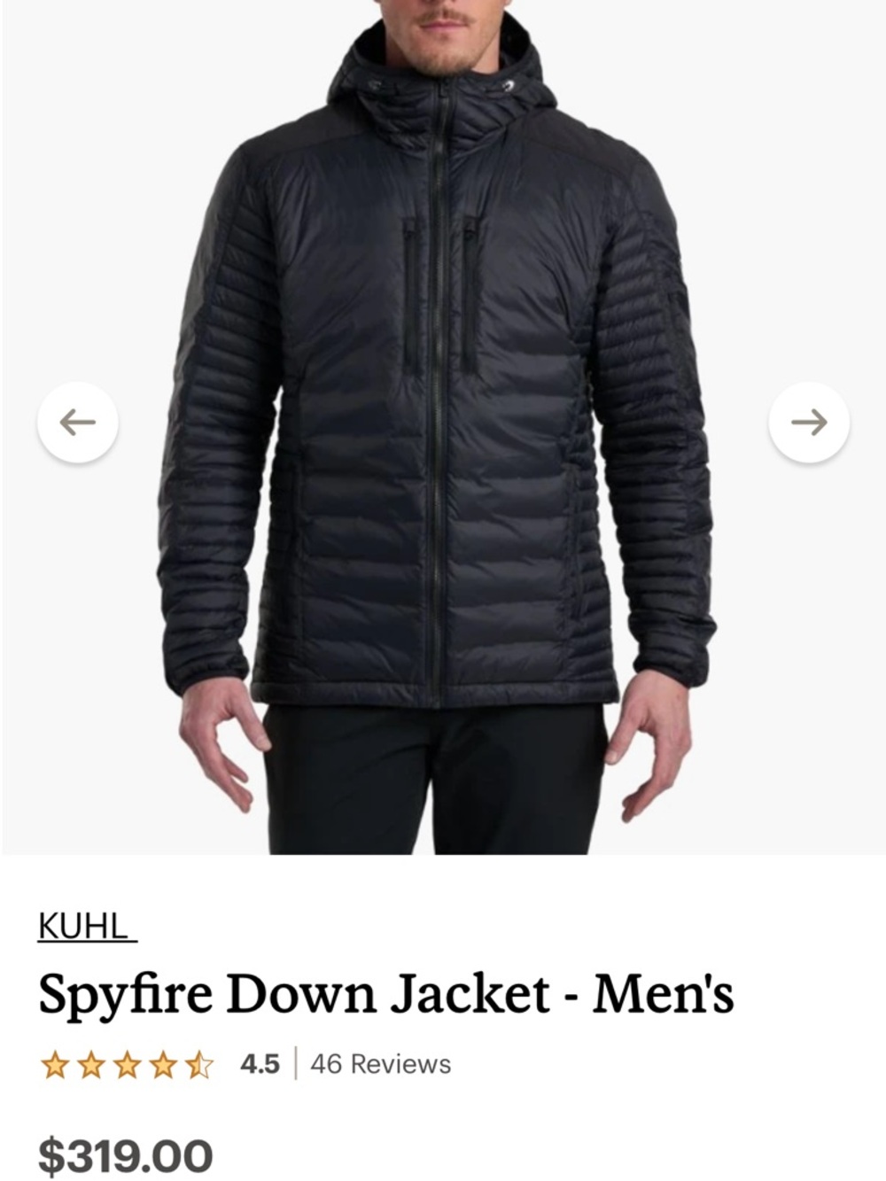 Kuhl Men's Black Spyfire Down Hooded Puffer Jacket